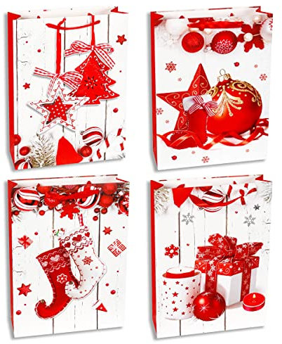 Weihnachtstüten -4 Stück - XL Geschenktüten Extra Große für Weihnachten Geschenktaschen Weihnachtstüte im 4 Design Papiertüten Weihnachtstaschen Präsenttüten (41.5x30x12cm)