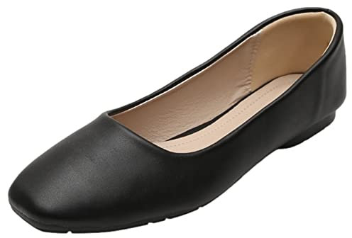 ANUFER Women's Ballet Flats Square Toe Microfiber Leather Slip-on Dress Pumps Shoes Black Matte SN0707127 UK5
