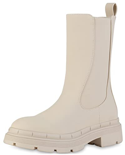 VAN HILL Damen Klassische Stiefel Leicht Gefütterte Blockabsatz Schuhe Profilsohle Boots Freizeitstiefel Plateauschuhe 208418 Beige 38
