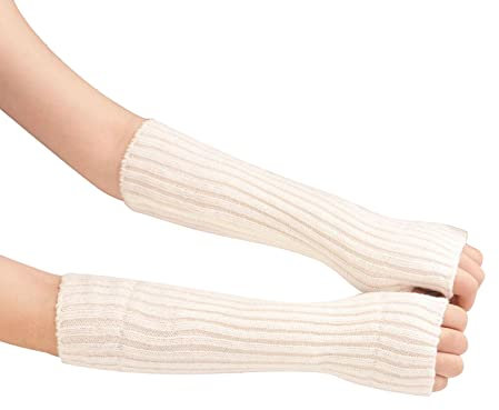 Suxgumoe Women Arm Warmers, Knitted Long Sleeve Fingerless Gloves Mittens Winter Wrist Warmers with Thumb Hole for Ladies Girls (A White)