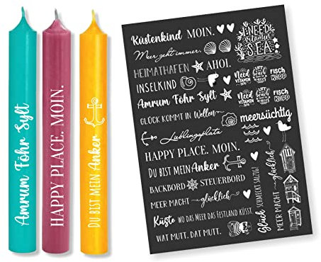 Weiße Kerzenfolie Maritim DIN A4 – Tattoofolie für Kerzen und Keramik – Sprüche und Motive wie Anker Möwen Sylt Föhr Amrum – DIY Geschenk Deko Meer