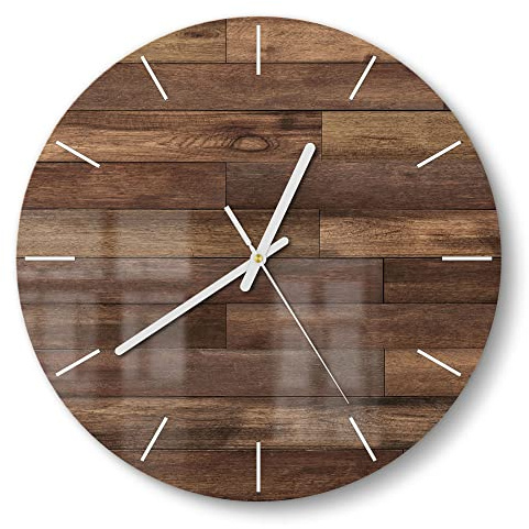 DEQORI Glasuhr | rund Ø 30 cm | Motiv Blick auf Holzboden | ausgefallene leise Design Uhr aus Glas | Wanduhr für Wohnzimmer & Küche | moderne Hingucker Uhr für die Wand