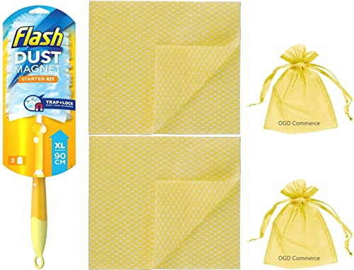 Flash Dust Magnet, Duster Starter Kit XL (Handle Extendable to 90cm & 2 Refills) 1Pk + Our Gift for You: 2X Cleaning Wipe + Organza Small Bag Size: 9x7x0.1cm