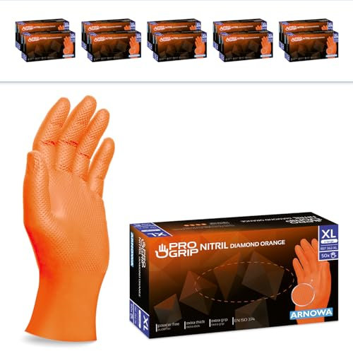 PROGRIP Einweghandschuhe Diamant Grip, Orange, Einmalhandschuhe Extra Stark, Nitrilhandschuhe Gr. XL, 2x dicker, Handschuhe Einweg, Arbeitshandschuhe für Werkstatt & Montage, 500 Stück (10x50 Stk)