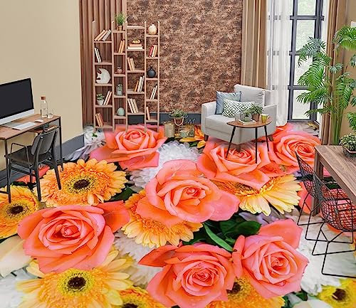 Badezimmerbodenaufkleber Wasserdicht 3D-Bodentapeten mit rosa Rosen, 150 x 105 cm Bodenfliesen Aufkleber Wohnzimmer Studie Wasserdicht Bodenbelag Tapete, Epoxidharz
