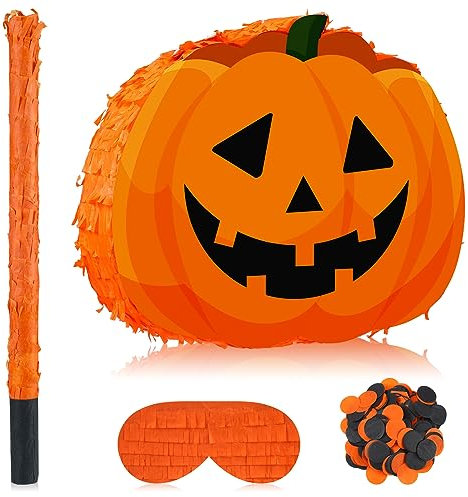 Wettarn Halloween Pinata mit Stick Augenbinde Konfetti Thema Pinata befüllbare Halloween Geburtstag Party Dekorationen für Foto Prop Candy Treat, inklusive Aufhängeband (Kürbis)