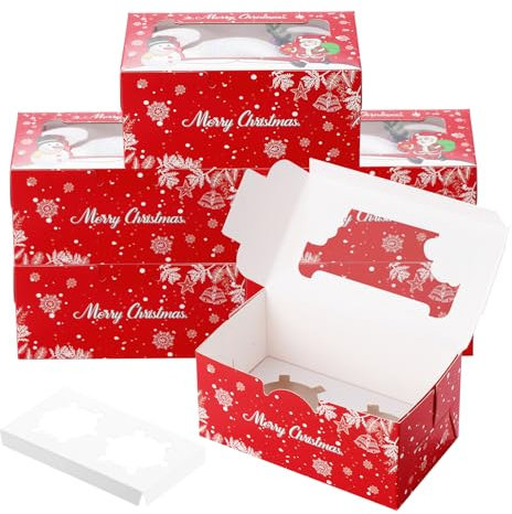 Coolty 50 Stück Cupcake Boxen 2 Löcher Karton Verpackung Boxen Bäckerei Gebäck Boxen mit Fenster und Einsätze für Cookies Muffins Cupcakes Desserts Torten (2 Holes-Red Chrismas Style)