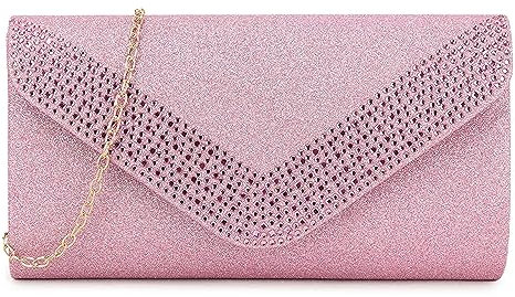 UShopUK Pochette da sera con brillantini, per matrimoni, balli di fine anno, feste, borsetta a mano, rosa, medium
