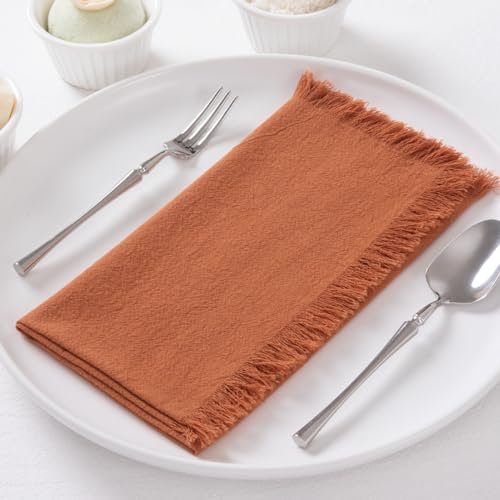 DeZerlor 12 Stück Terrakotta-Baumwoll-Leinen-Servietten mit Fransen, gebranntes Orange, Stoffservietten, Set mit 12 handgefertigten Tischservietten, Großpackung für Hochzeit, Brautparty, Babyparty