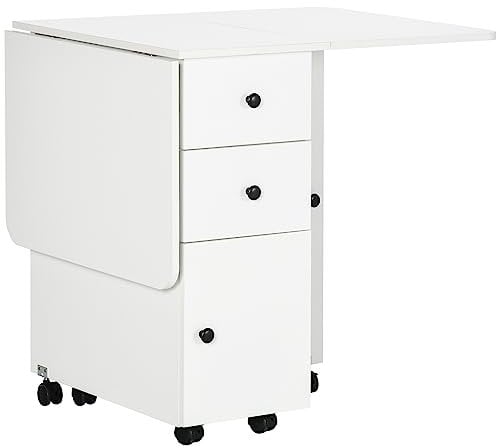 HOMCOM Table de Cuisine Pliable Table à Manger Pliante 2 Plateaux rabattables avec 2 tiroirs 1 Placard et 1 étagère de Rangement 120 x 60 x 76,5 cm - Blanc