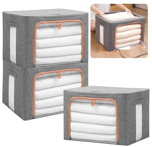 Accmuzzy 3 Stück Aufbewahrungstasche mit Metallrahmen 24L - Stapelbare Aufbewahrungstasche für kleideraufbewahrung Faltbare Kleideraufbewahrung Box Abstellraum Kleiderschrank Organizer (24L-3 PACK)