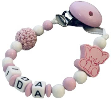 personalisierte Kette mit Namen für für Mädchen in Rosa oder Junge in Blau Baby Geschenk personalisiert zur Geburt & Taufe Elefant & Häkelperle (Rosa)