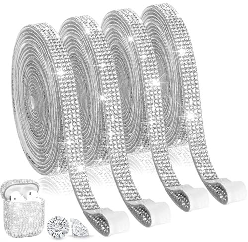 Strassband Selbstklebend, 4 Rollen Glitzerband Selbstklebend, Strassband Glitzersteine, Diamantband, Kristall Strasssteine Strassband, Kristall Strass Diamant Band, für Hochzeit Geburtstag DIY Deko