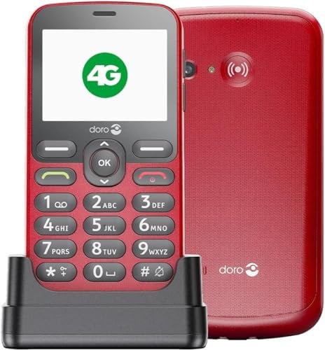 Doro 1880 4G unlocked basic bar mobile phone for seniors with loud and clear sound, large buttons, assistance button and USB C charging with cradle. [UK and Irish version] (Red)