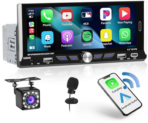 [2025 Nuevo] Hikity 1 DIN Radio de Coche Bluetooth con CarPlay inalámbrico y Android Auto inalámbrico, 6,9 Pantalla Táctil con 2 USB/Tipo-C Radio FM Mandos a Distancia+Mic+Cámara Trasera