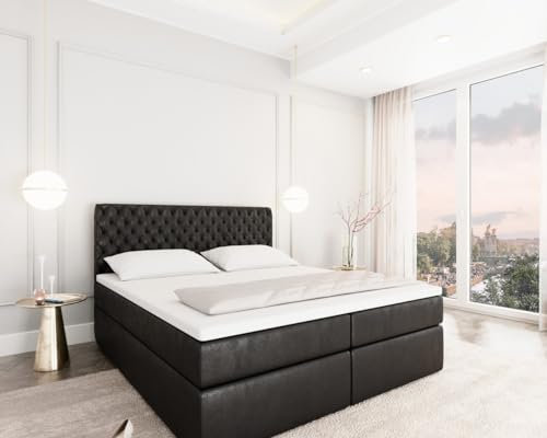 Sofa Dreams Leder Boxspringbett Lederbett Mejorada Komplettbett mit Matratze und Topper - Bett in Premium Kunstleder (Schwarz, 180x200 cm)