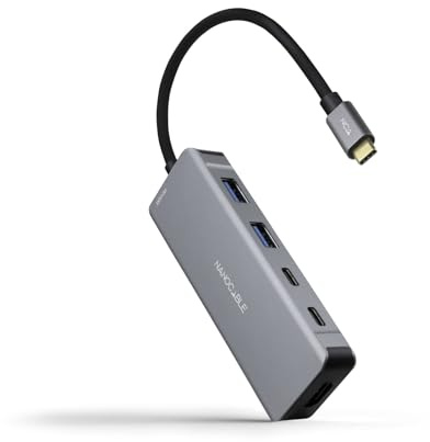 NANOCABLE 10.16.1006 – 6-in-1-Konverter-Hub, USB-C 3.2 GEN1 5G-Stecker auf 2 USB-A-Anschlüsse + 2 USB-C-Anschlüsse + HDMI + USB-C PD 100 W, Aluminium, 15 cm, Grau