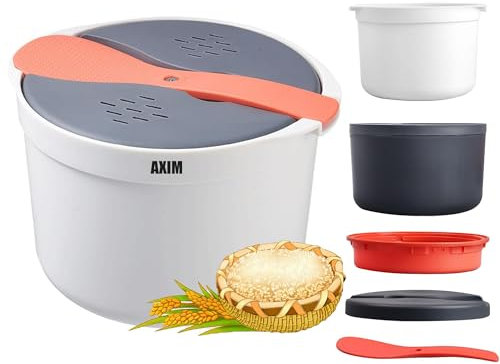 AXIM Rice Cooker for Microwave,2 L Rice Maker Microwave Pasta Cooker,Microwave Cooker Steamer with Strainer,Dishwasher Safe (Orange+Steam Plate)