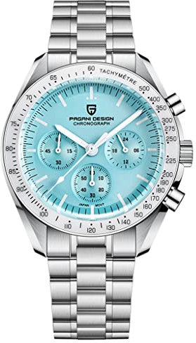 Pagani Design 1701 Herren Professionelle Chronograph Japan VK63 Quarzwerk Mond Armbanduhr Edelstahl 100M Wasserdicht Casual Analog Uhr Datum, Weiß-EIS/Blau V4