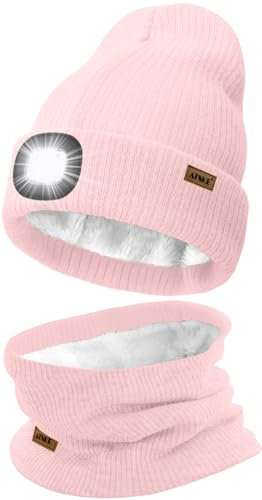 ATNKE LED Mütze mit Licht und Schal Set, Wiederaufladbare USB 4 LED Beleuchtete Laufmütze Winter Warme Gefütterte Fleece Halsschlauch und Stricken Mütze für Herren und Damen Geschenke/Light Pink
