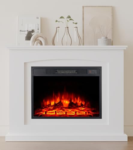 M.C.Haus Camino Elettrico con Ripiano, Inserto per Caminetto da 23/58cm, Set di Riscaldamento ad Angolo con Contorni Integrati, Arredamento di Design Moderno, Finitura in Legno di Ingegnere, Bianco