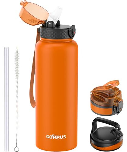 GOPPUS 1.2L/40oz Borraccia Inossidabile con Cannuccia Borraccia per Acqua Termica Fredda Borracce in Acciaio Doppia Parete Borracce Isolate Tenuta Stagna Borraccia per Adulti Flip Top con 3 Coperchi