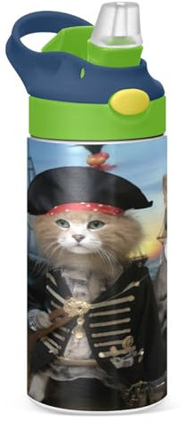 SKYSHU Botella de agua de gato pirata para niños, 350 ml/340.2 g, a prueba de fugas, doble pared, aislada, botella de agua de acero inoxidable, vaso de viaje con tapa de popote para niñas y niños
