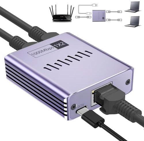 Obllemn Ethernet Splitter 1 a 2, Duplicador Ethernet, Duplicador RJ45, Divisor Ethernet RJ45, Ladron Ethernet con Cable Type-C, Splitter Ethernet para Ordenador, HUB, Router, Set-Top, TV y Otros