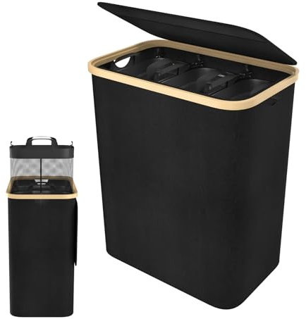 XINZI Wäschekorb mit Deckel, Faltbar Wäschesammler 3 Fächer Wäschesortierer mit Abnehmbarem Wäschesack Griffen Wäschebox Laundry Baskets für Waschküche, Schlafzimmer,140L (Schwarz)