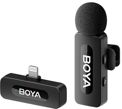 BOYA by-V1 Wireless Lavalier Mikrofon for iPhone, Handy Mikrofon iPhone Kabellos, 100m Reichweite, Mini Ansteckmikrofon für Podcast,Video, Vlog, YouTube, TikTok