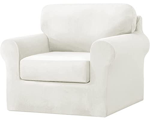 Samt-Sofabezüge mit separater Rückenlehne und Sitzkissenbezug, Stretch-Couch-Schonbezug für Stuhl, Zweisitzer und Sofa, Weiß, Sessel, Größe, 3-teiliges Set