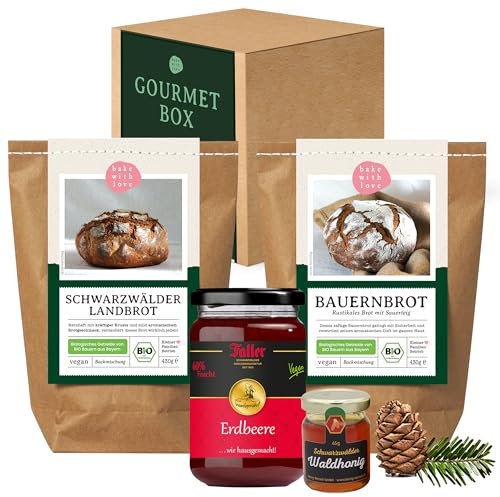 Gourmet Geschenkkorb für Feinschmecker – Geschenkbox mit 2 Brotbackmischungen, Marmelade & Honig – Feinkost Präsentkorb zum Geburtstag, Einzug oder als Dankeschön - Bake with Love