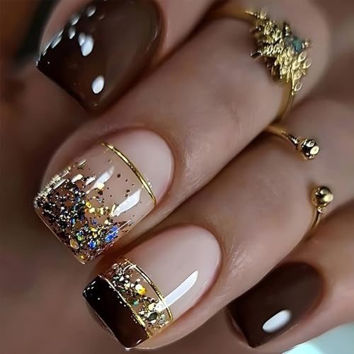 ZHJZFZ 24Pcs Gold Foil Brown Square False Nails, 12 Sizes, Full Cover Stick-on Nails, Half Well Tips