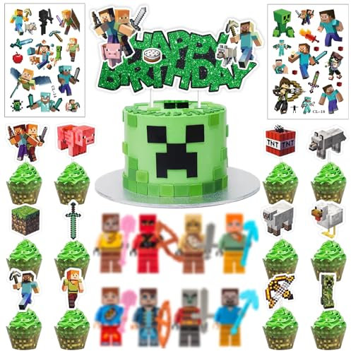 Hangsky 35 Stück Pixe Tortendeko mit Mini Figuren, Pixe Kuchen Deko Junge, Cake Toppers mit 2 Tattoo-Aufkleber, Happy Birthday Topper für Kinder Geburtstag Party