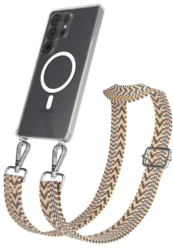 EAZY CASE Handykette - Verstellbares Taschenband kompatibel mit Galaxy S25 Ultra, Schulterriemen, Handykordel mit Silikon Hülle, Qi Charging kompatibel, Umhängetasche, Braun Silber