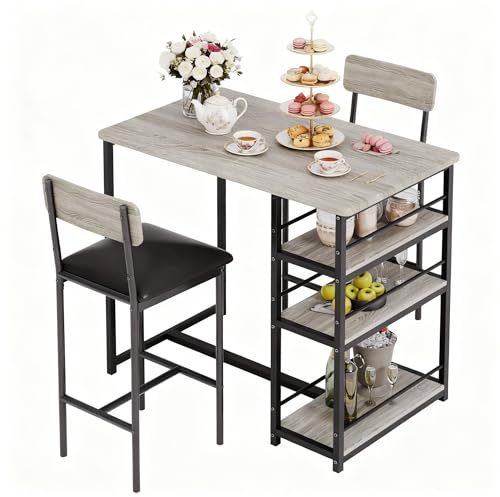 Garvee Mesa de Bar con 2 Sillas Acolchadas, Mesa de Cocina, Juego de 3 Piezas de Barra de Altura de Mostrador con 3 Estantes de Almacenamiento para Espacios Pequeños, Apartamento (Gris)