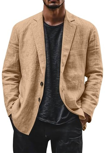 Blazer en lin pour homme - Veste de costume de loisirs légère à deux boutons - Coupe ample - Blazer de bureau - Couleur unie - Polyvalente - Veste de costume à revers cranté - Vestes avec poche