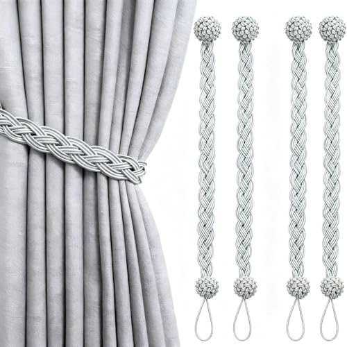 Gray Curtain Tie Backs Set of 4-23 Inch Decorative Rope Tiebacks for Curtains, Elegant Fabric Window Holdbacks, Durable Grey Curtain Tie-Backs for Home Decor