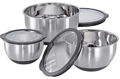 Küchenprofi Schüssel-Set DELUXE 3-tlg., Ø 16/20/24 cm – 1,5/2,5/4,5 L, Edelstahl mit Deckel, Innenskala, Silikonboden, Küchenschüssel Set, Salatschüssel, Rührschüssel, Servierschüssel