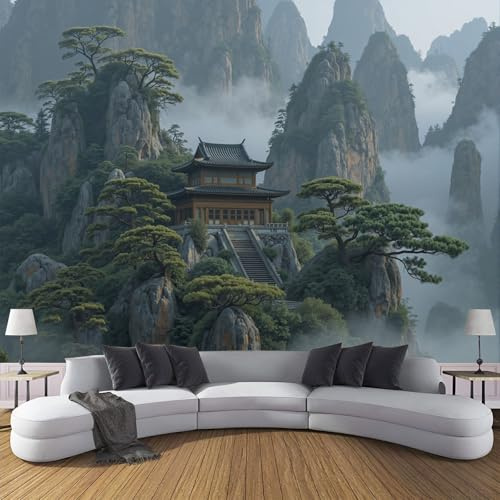 DLERFLOVR Tapete Dunkelgrün Seidentapeten Architektur Des Nebelgebirges Tapeten Antike Chinesische Architektur Wandtapete Wanddeko Motivtapeten für Wohnzimmer Schlafzimmer Kinderzimmer 350x250cm