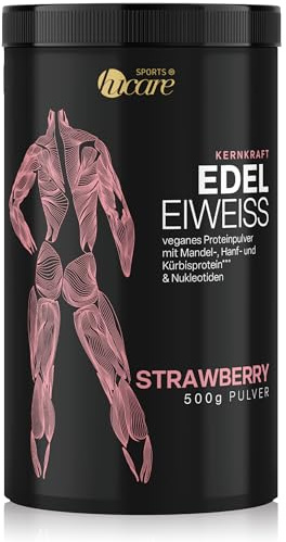 hu´care® - Veganes Erdbeer Proteinpulver - Made in Germany - Proteinmischung aus Mandel-, Kürbiskern-, Hanf- & Reisprotein mit Nukleotiden - Eiweißpulver für Alltag & Sport - 500 g Dose - Strawberry