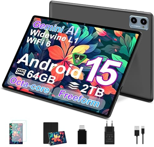 SUAAT Tablet Android 15 con 64 GB di RAM + 2 TB TF, display da 10,1 pollici, Octa-Core, Gemin AI, WiFi 6, Bluetooth 5.0, Dual Camera 8MP+5MP, 1280 x 800 HFD, Cast, OTG, Type C, con custodia, Play