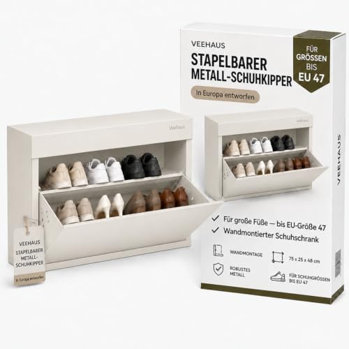 VEEHAUS Schuhschrank Metall Wandmontage, 1 Klappe, Große Größen 35-47 | Nur 25 cm tief, Stapelbar & kombinierbar, Pulverbeschichteter Stahl, Anti-Kipp-Sicherung