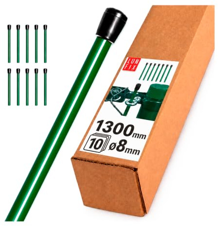 LUN FIX Zaunpfosten 1300x8 mm Grün für Maschendraht Drahtzaun, 10 Stk. | Für Zaungeflecht, Spanndraht, Maschendraht, Maschendrahtzaun Zubehör, Zaunsysteme, Drahtspanner Grün, Einfache Montage