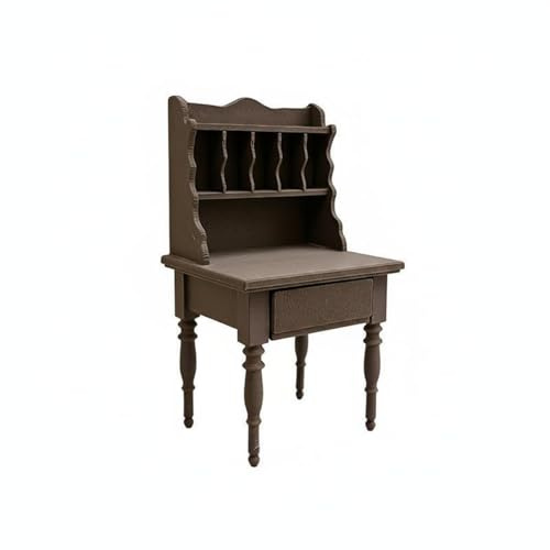 MFMEXUL Miniature Table Bureau Jouet Commode Étagère avec Hutch Européen Pieds Tournés en Plastique Adaptée pour Collection Mobilier Maison de Poupée, Marron