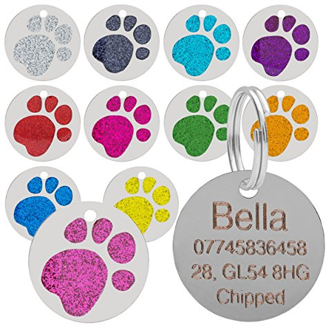 Quality 25mm Glitter Paw Design Pet Id Tag, Dog, Cat, Free Engraving and P&P (Green)
