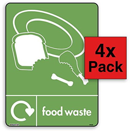 Food Waste Bin StickerSign - WRAP, Self Adhesive Vinyl [A4 200mm x300mm - 4 X Pack]