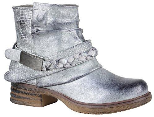 Damen Stiefeletten Biker Boots Nieten Schnallen Leder-Optik Schuhe 148778 Silber Flechte 37 Flandell