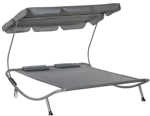 Outsunny Double Sun Lounger with Adjustable Detachable Canopy, Portable Garden Daybed for 2 with Wheels, Outdoor Sunbed Hammock with 2 Pillows, 220 KG Max. Load, Grey