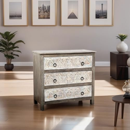 Orientalische Kommode Sideboard Ashok 97cm Grau Weiß | Orient Vintage Kommodenschrank orientalisch Handverziert | Indische Landhaus Anrichte aus Holz | Asiatische Möbel aus Indien